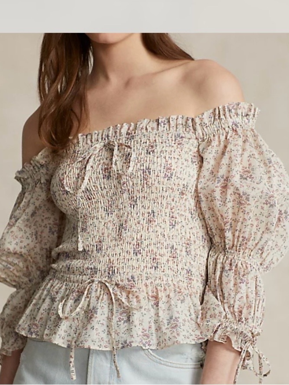 New Polo Ralph Lauren Floral Smocked Cotton Off Shoulder Top Blouse S